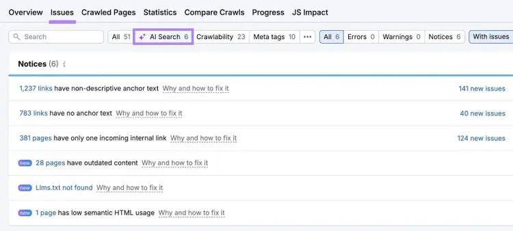 Site Audit Issues with "AI Search" clicked showing issues which prevent a site from ranking in AI Overviews.