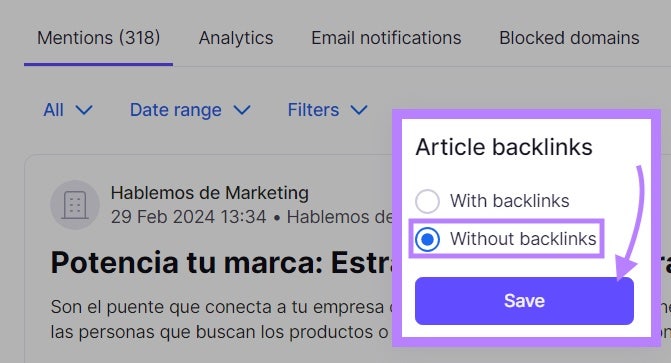 Screenshot: Brand Monitoring search results showing articles mentioning Semrush brand
