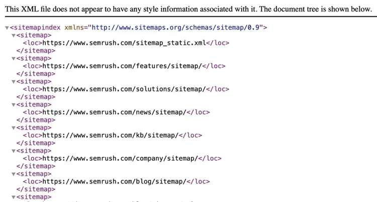 Semrush’s XML sitemap showing a list of pages and where to find them.