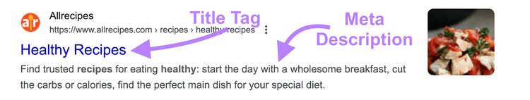 search result from AllRecipes showing a title tag (Healthy Recipes) and a meta description