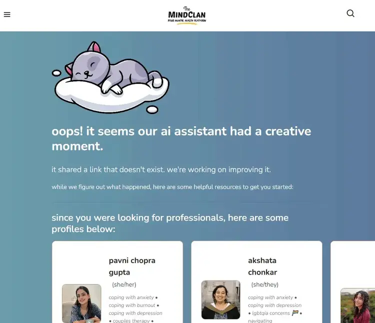 MindClan 404 page with cartoon cat and message about AI assistant sharing a broken link.