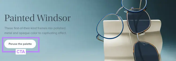 “Peruse the palette" CTA highlighted on Warby Parker's site