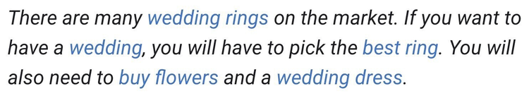 excessive anchor text example links "wedding rings," "wedding," "best ring," "buy flowers," and "wedding dress" to various pages in three sentences