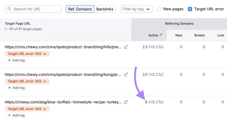 A list of broken URLs on Backlink Audit with the number in the "Active" column next to a URL clicked.