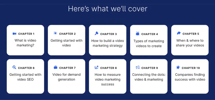 Video marketing pillar page outlining 10 chapters on strategy, video SEO, demand generation, measurement, and related topics
