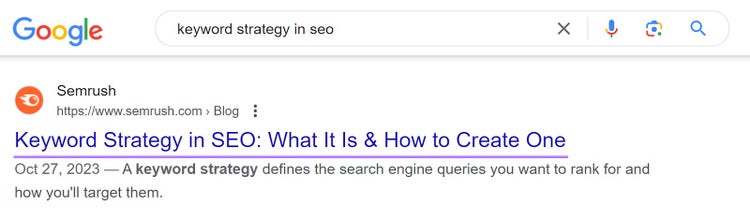 Title tag of a Semrush article as it appears in the Google Search Engine Results Page.