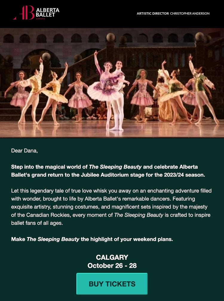 Alberta Ballet's email promoting an upcoming show and ticket sales