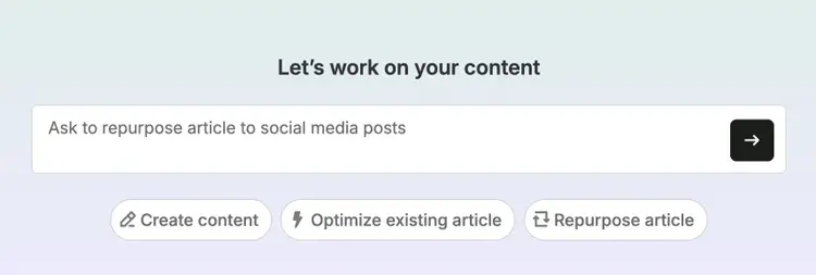 Content Toolkit showing a search bar along with options to create content, optimize an existing article, and repurpose a article.