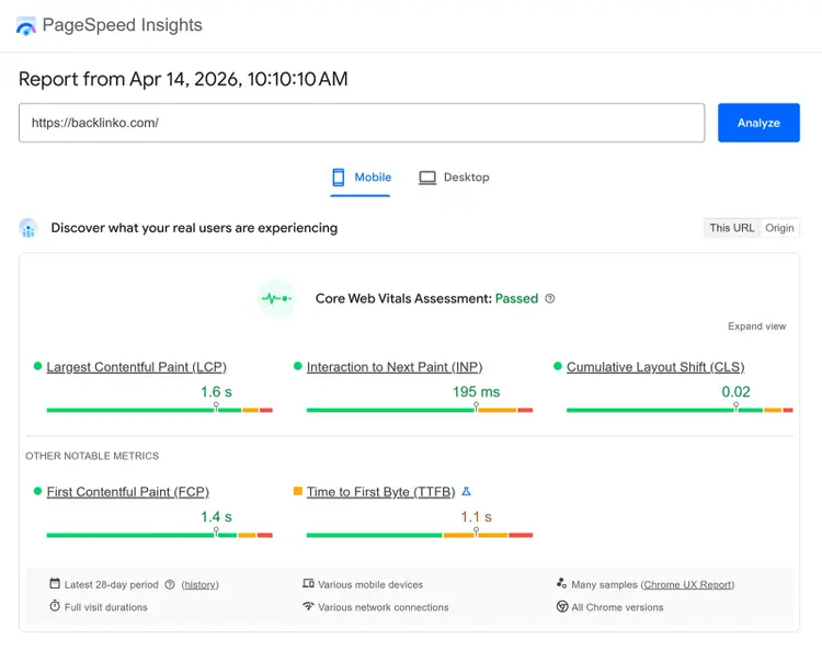 PageSpeed Insights report showing Core Web Vitals metrics like LCP, INP, and CLS