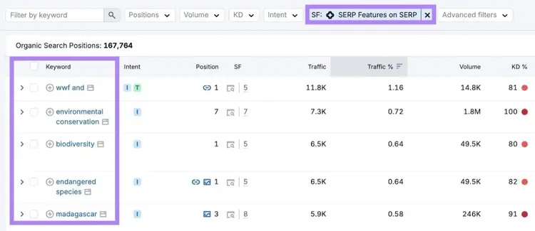 Organic Search Positions report showing a list of keywords that trigger an AI Overview.