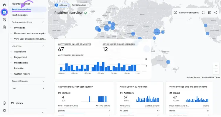GA4 Realtime overview showing active users on a world map and activity charts