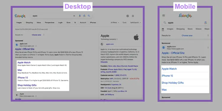Sitelinks above the fold on desktop (left) and mobile (right)