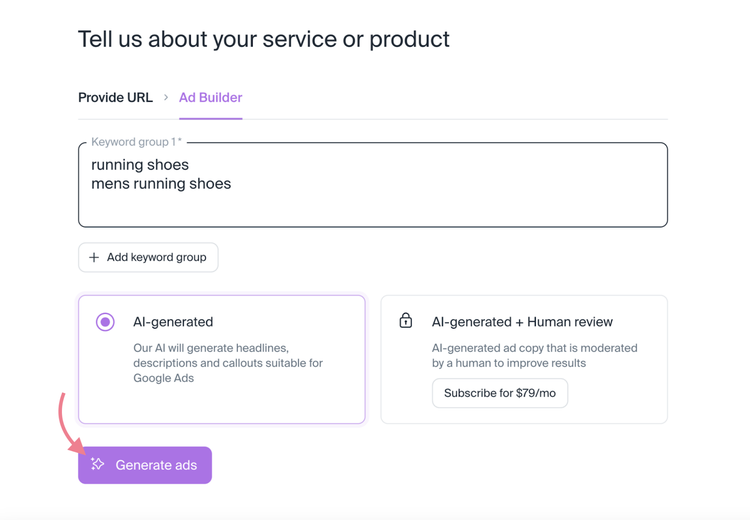 "Tell us about your service or product" page in AI Ad Copy Generator
