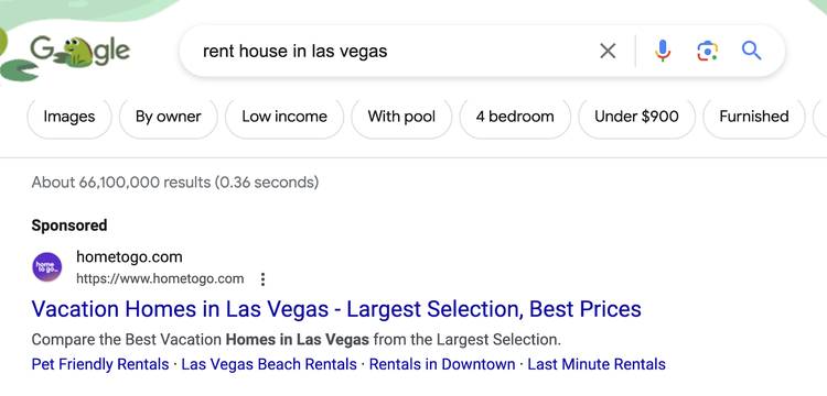 HomeToGo's PPC search ad for "rent house in las vegas" query