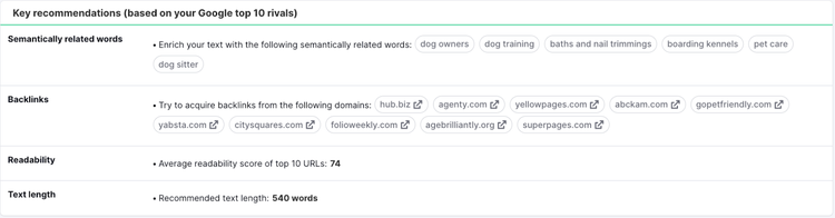 “Key recommendations (based on your Google top 10 rivals)” section in SEO Content Template
