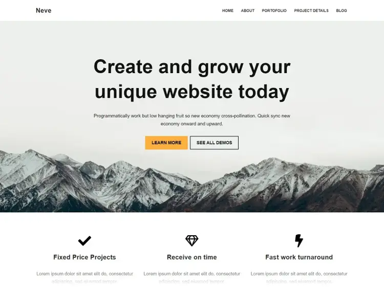 Neve WordPress theme showing Create and grow your unique website today with mountain background