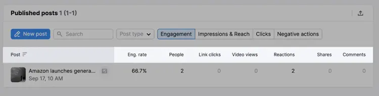 "Published posts" on Facebook section with column names highlighted