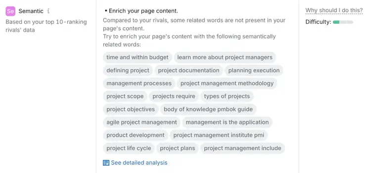 Semantic keyword suggestions for a page on the On Page SEO Checker.