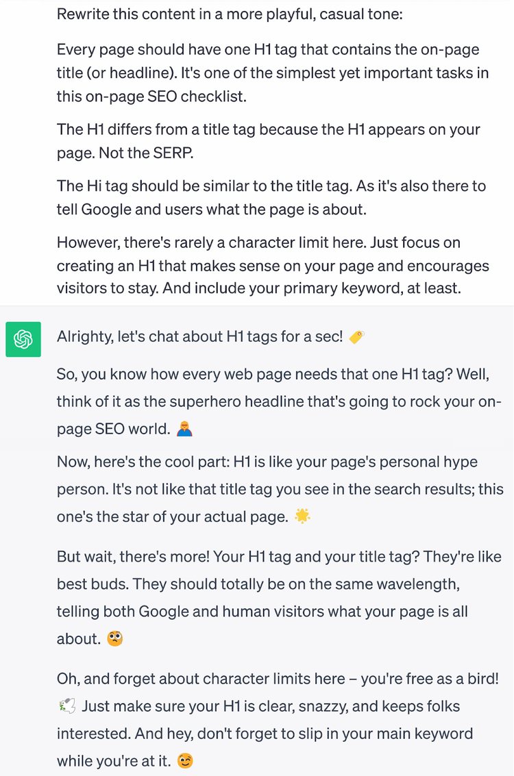 A prompt asking ChatGPT to make content more playful and casual