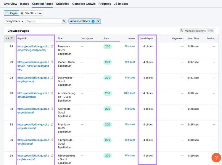 Checking for links with more than 3 clicks in Crawled Pages report