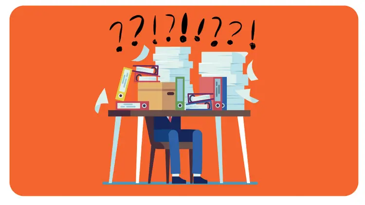 Illustration of overwhelmed person at desk surrounded by papers, beakers, fire, and chaos