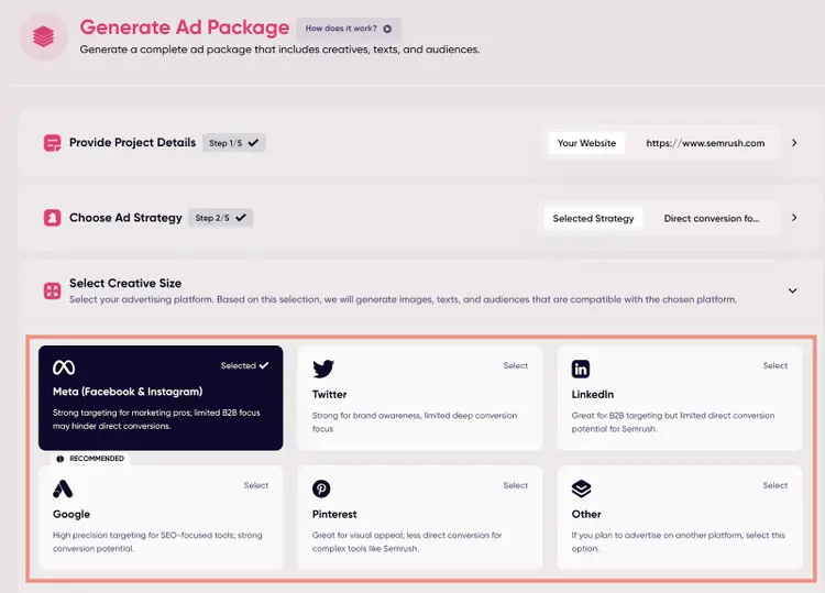 AdCreative.ai platform selection step showing Meta, Twitter, LinkedIn, Google, Pinterest, and other options.