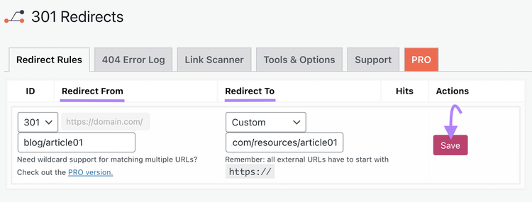 “Redirect Rules” tab with "redirect from" and "redirect to" bars highlighted on Easy Redirect Manager.