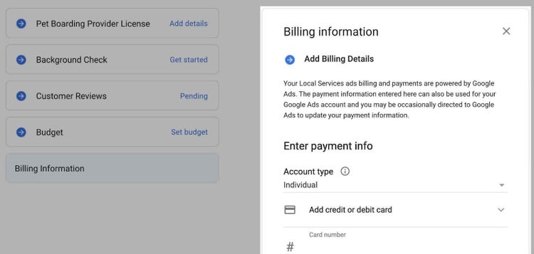 Billing information page