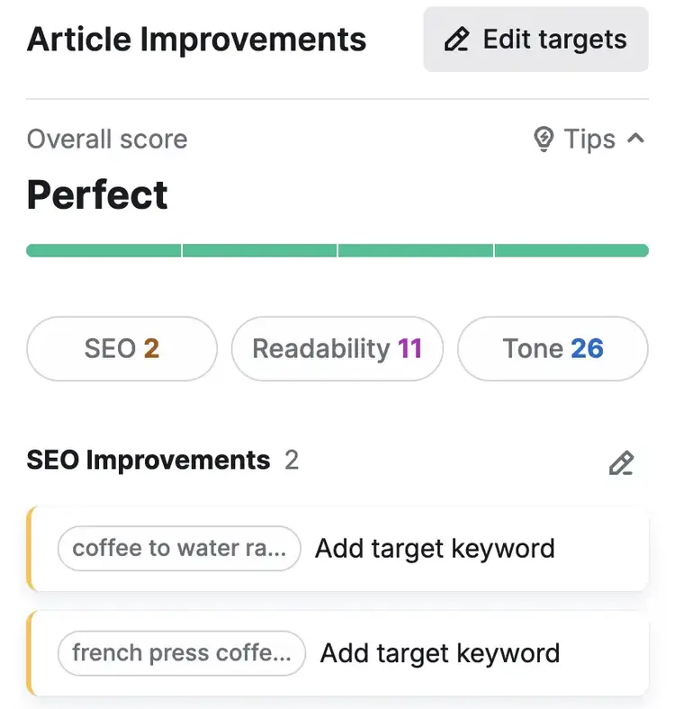 Article Improvements showing overall score 'Perfect' with SEO 2, Readability 11, Tone 26