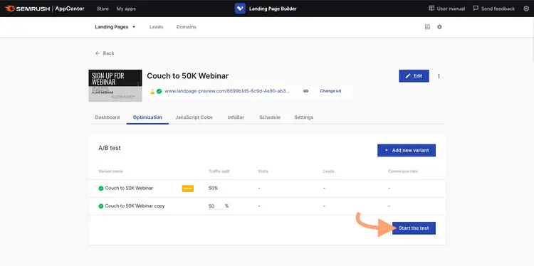 Semrush Landing Page Builder showing Couch to 50K Webinar campaign with A/B testing variants