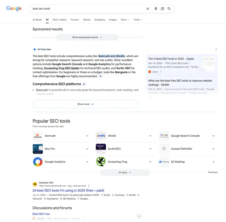 Google search results showing SEO tool recommendations, featured overview, popular tools list, and related articles.