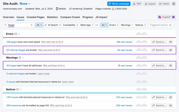 Rove Concepts Site Audit with broken internal images and missing alt text