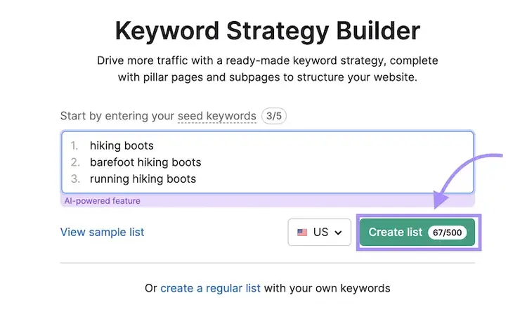 Keyword Strategy Builder with hiking boots seed keywords listed