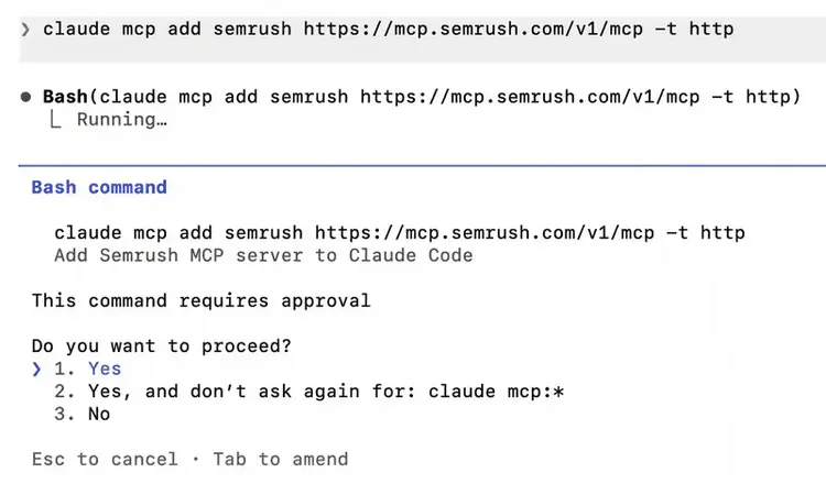 Claude Code terminal command adding Semrush MCP server and requesting approval to connect Semrush tools