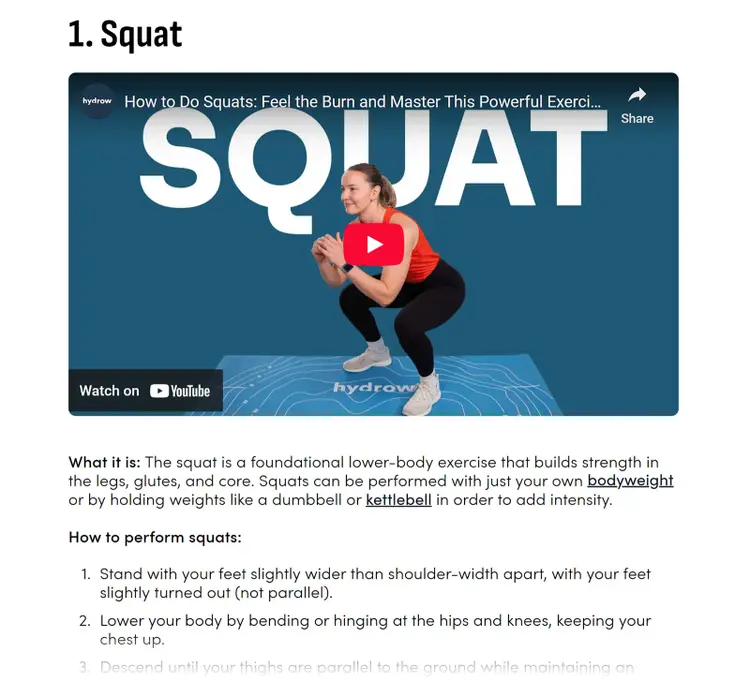 Strength training article section showing a squat exercise video and step-by-step instructions.