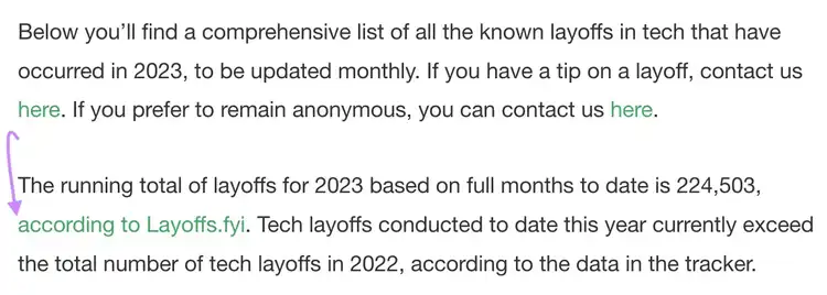 A backlink from TechCrunch's article to Layoffs.fyi