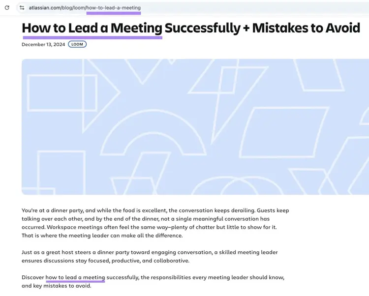 A blog post with the target keyword used in the title, URL slug, and introduction.