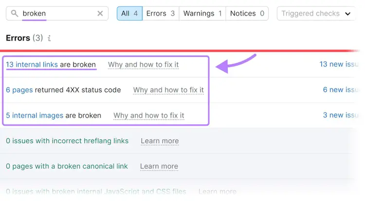 Internal link errors within Site Audit