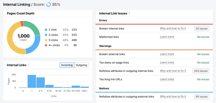 Internal Linking report shows broken internal links, page crawl depth, and more.