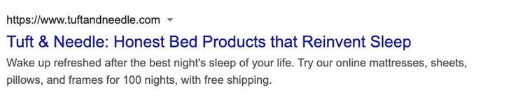 Google search result snippet for TuffandNeedle.com bed products and mattresses