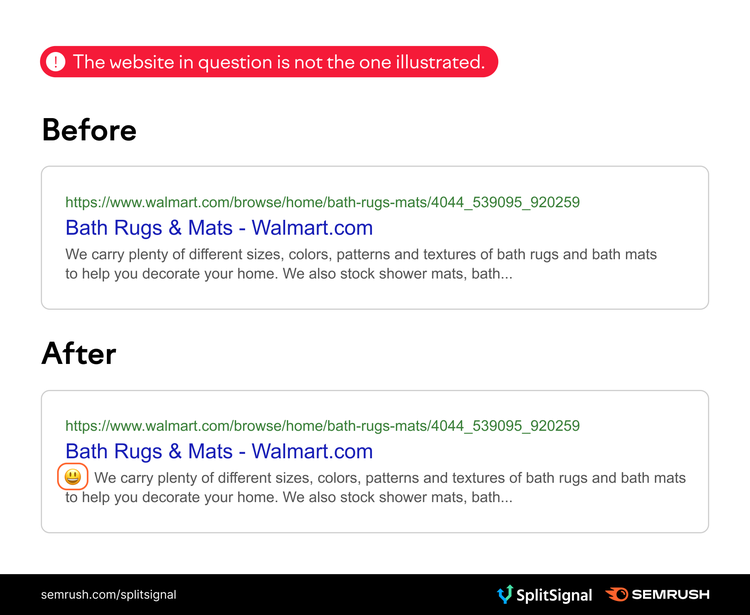 Walmart Bath Rugs search result comparison showing smiley emoji added in after version