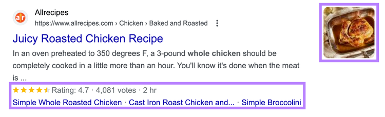 Google result showing "Juicy Roasted Chicken Recipe" page with reviews below