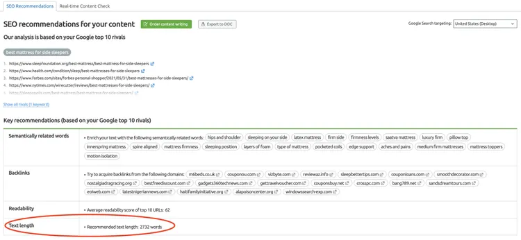 SEO recommendations dashboard displaying content length and keyword suggestions