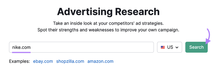 "nike.com" entered into the Advertising Research tool search bar