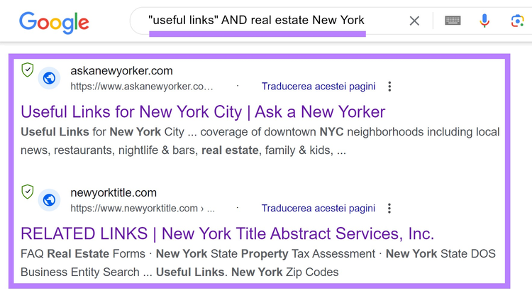Google search for: "useful links" AND real estate New York
