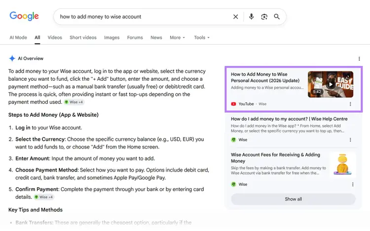 Google AI Overview for adding money to Wise prominently features Wise’s YouTube tutorial as a cited source