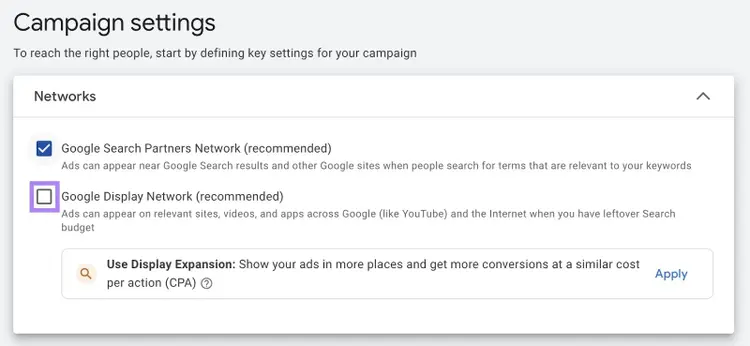 Campaign settings with the box next to Google Search Partners Network checked and the one next to Google Display Network unchecked.