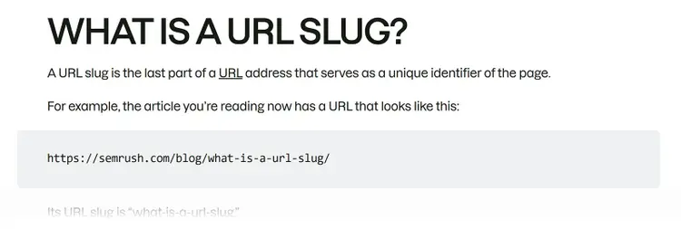 Blog section explaining what a URL slug is with example URL structure highlighted.
