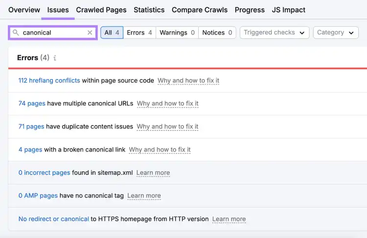 Canonical errors listed include multiple canonical URLs, duplicated content issues, broken canonicals, and more.
