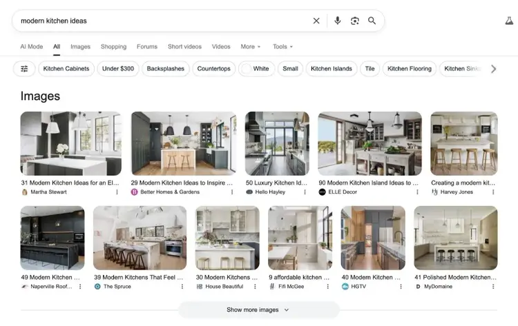 SERP for the term "modern kitchen ideas" showing image results appearing as a horizontal block at the top of the page.